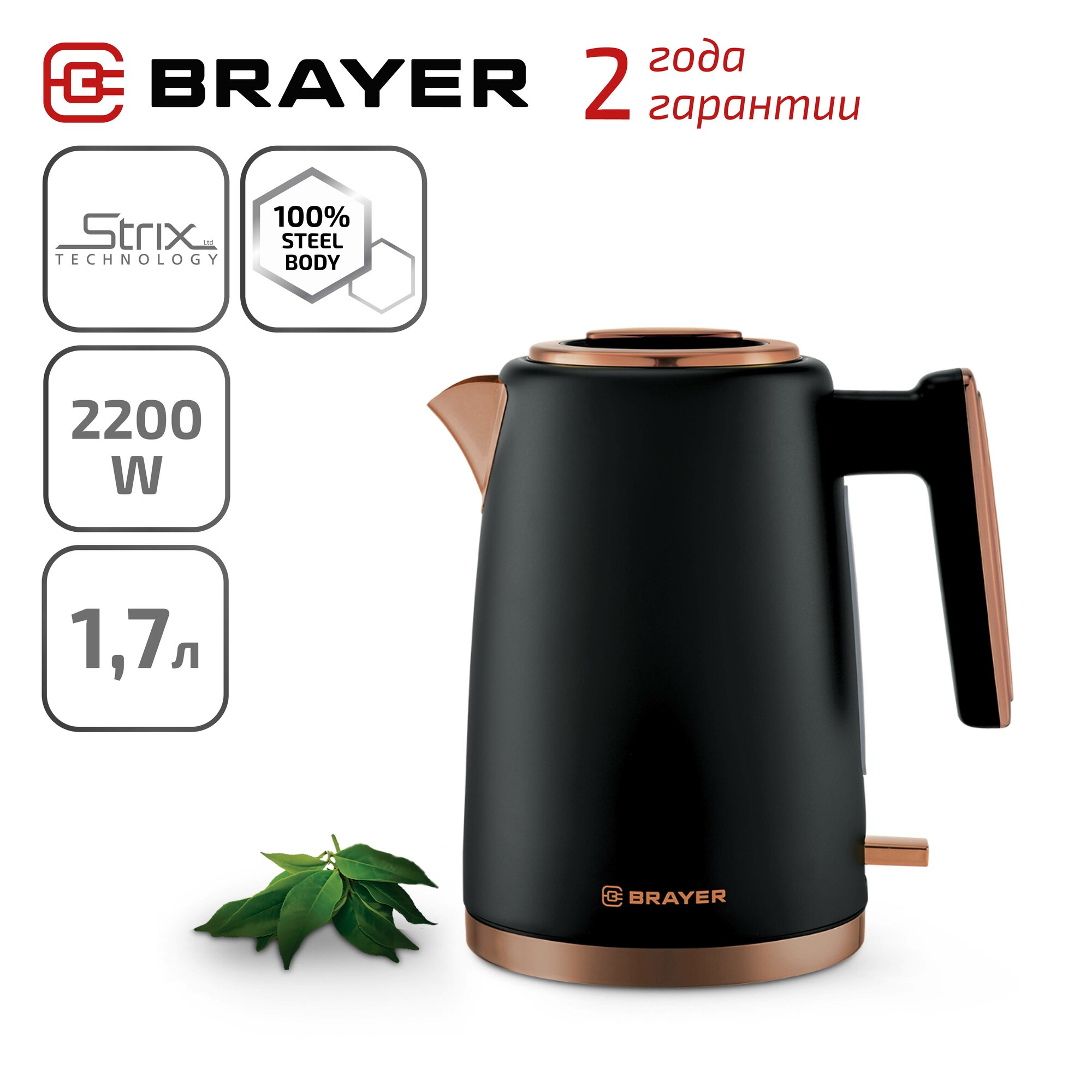 Чайник электрический BRAYER BR1054, 2200Вт, 1,7л, STRIX, черный/золотой