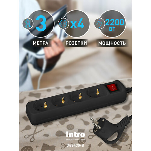 Удлинитель электрический Intro UES430-B с заземлением с выключателем 4 розетки 3 м ПВС 3x075мм2 10А черный 570₽