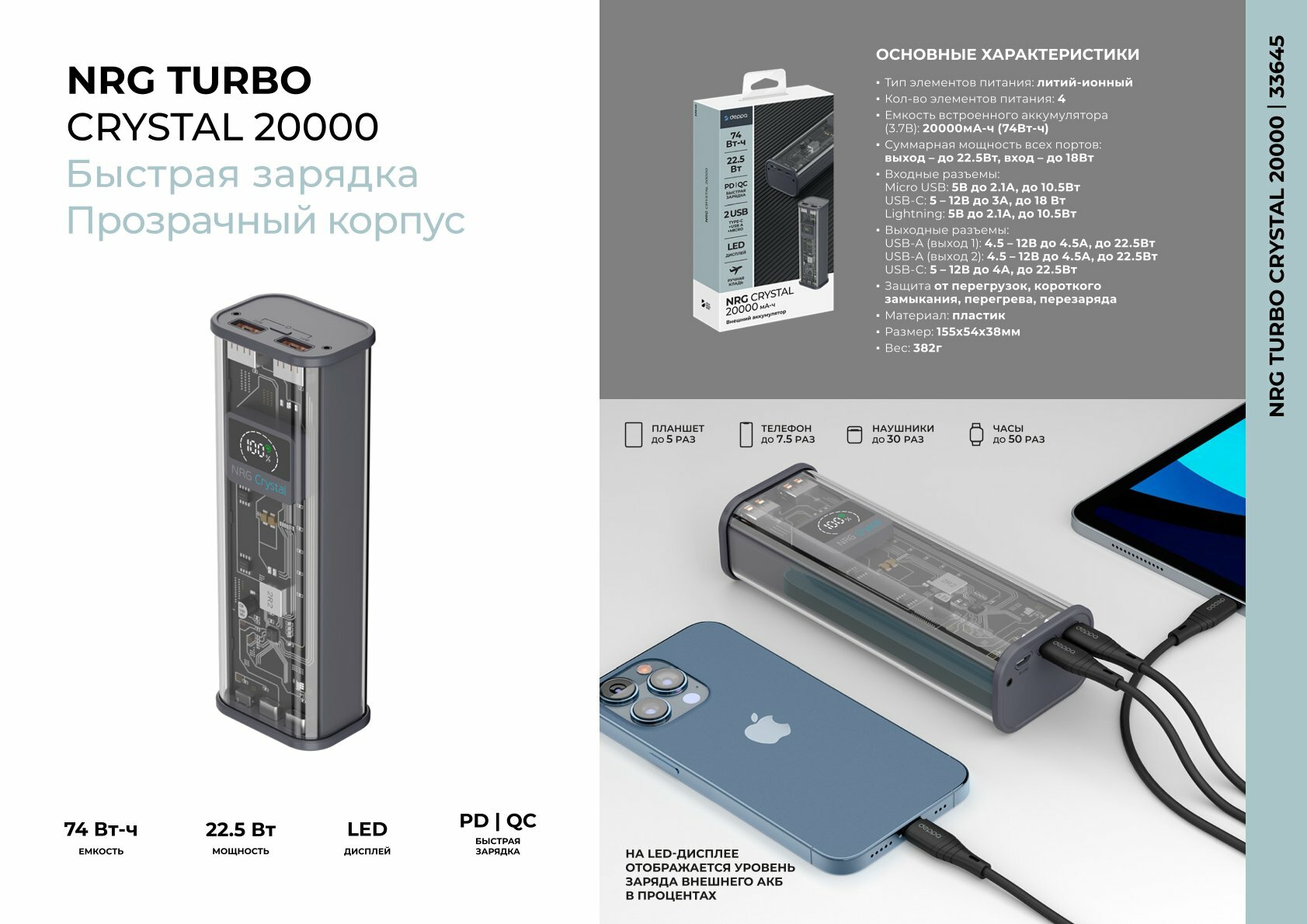 Внешний аккумулятор NRG Turbo TR 20000 mAh, 22.5 Вт, QC, PD, прозрачный с дисплеем, Deppa 33645 — фото 1