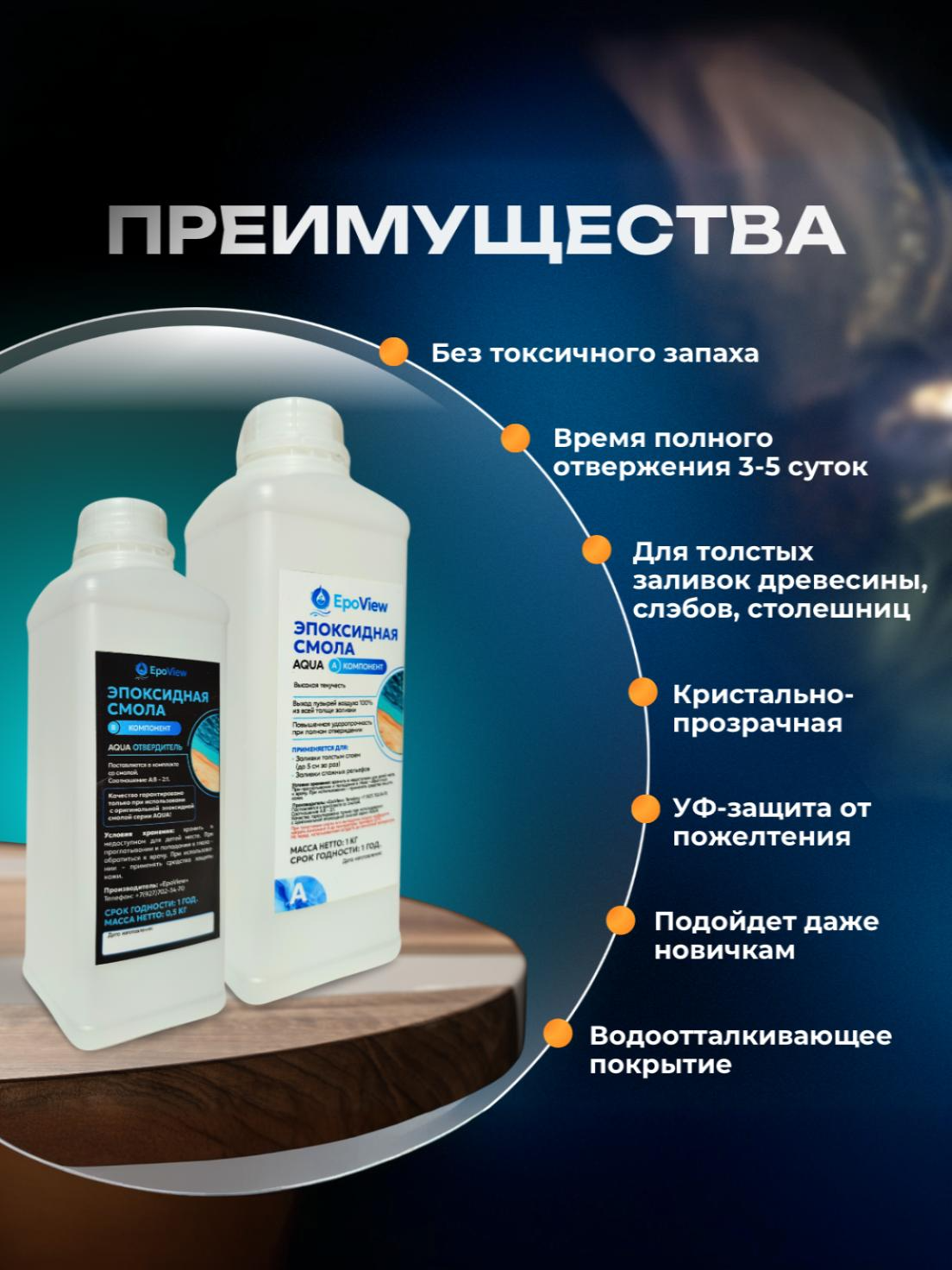 Эпоксидная смола 1,5кг EpoView AQUA толстослойная до 5см для творчества, заливки столешниц, рек, слэбов — фото 1