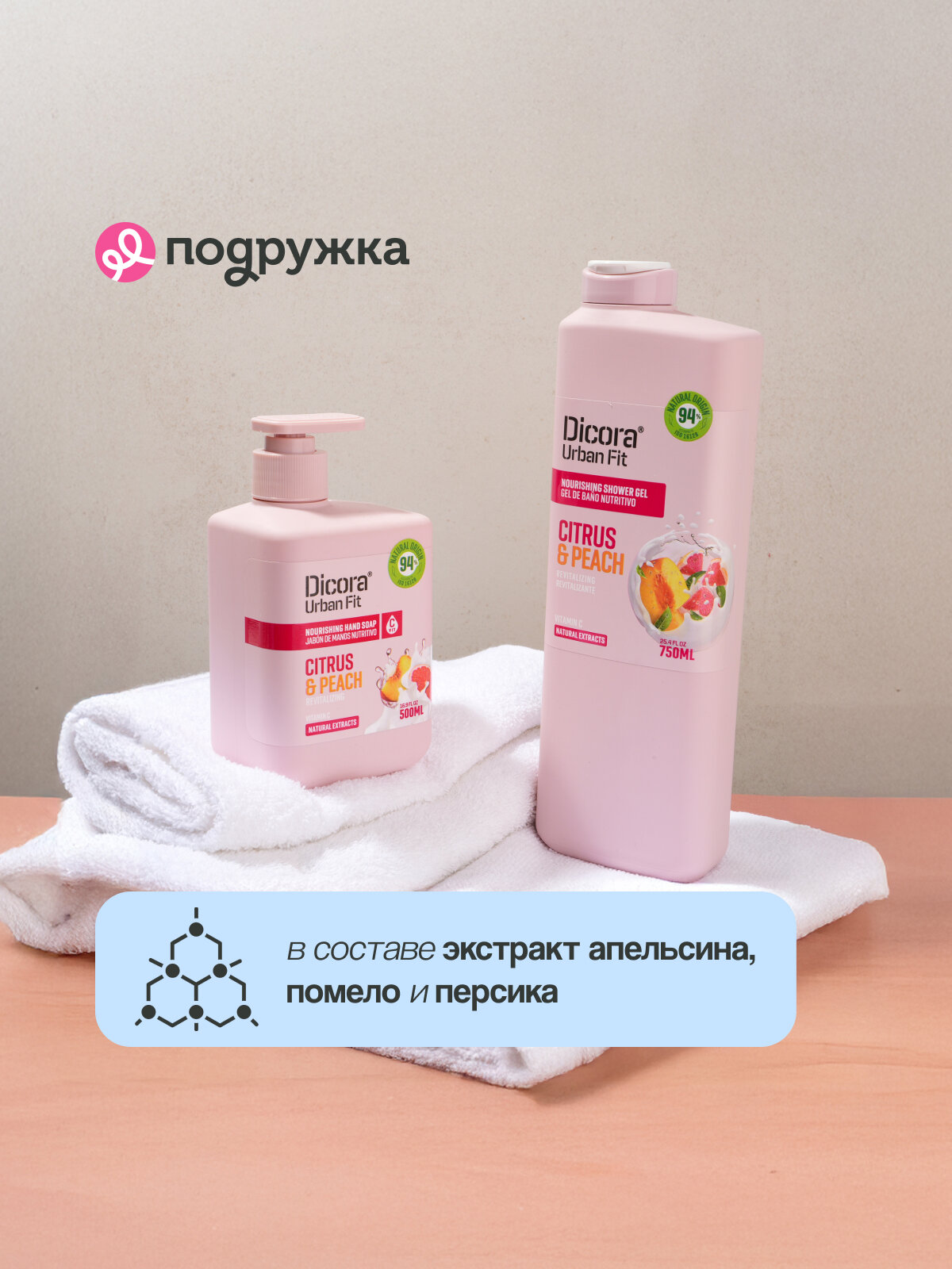Гель для душа DICORA URBAN FIT с ароматом Цитрусы и персик, 750 мл — фото 1