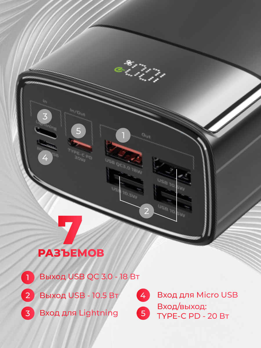 Повербанк 30000 mAh с быстрой зарядкой, 22.5 Вт, 3 встроенных кабеля, powerbank для айфона, пауэрбанк, черный — фото 1