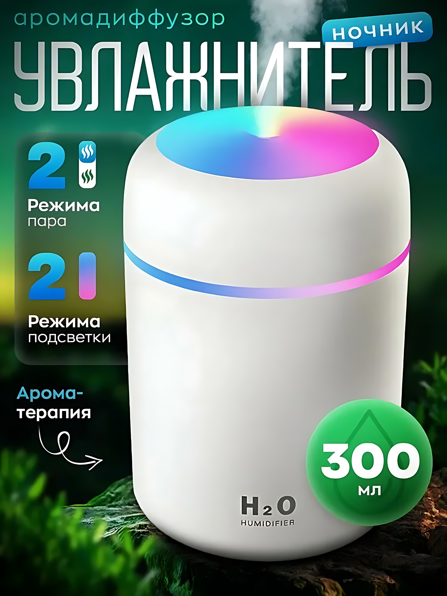 Увлажнитель воздуха для дома настольный мини аромадиффузор с подсветкой, 300 мл