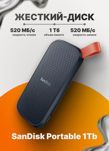 Изображение товара Внешний SSD SanDisk "Portable", 1ТБ, USB 3.2, ударопрочный, прорезиненный, чёрный