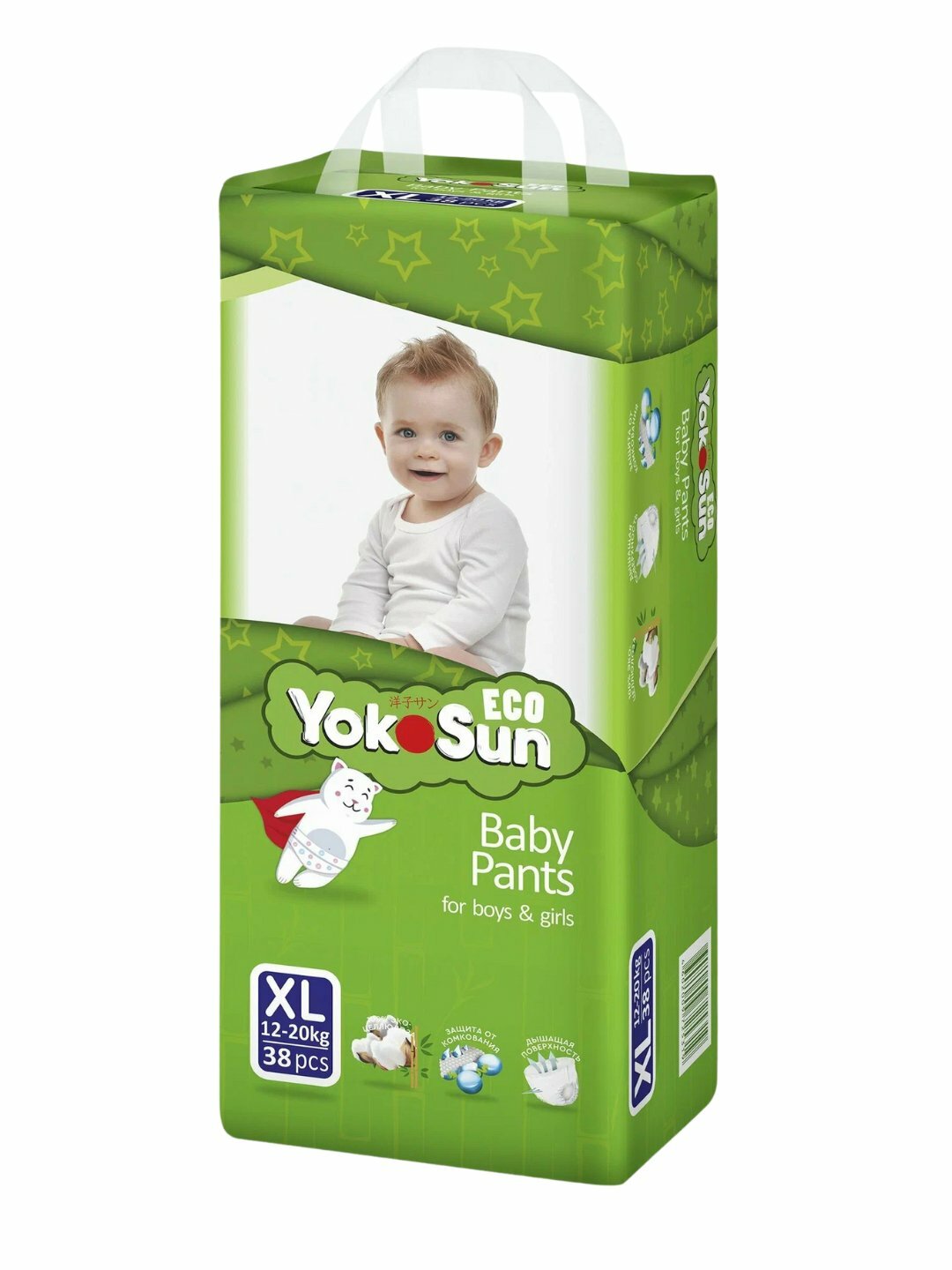 YokoSun Eco трусики-подгузники XL (12–20 кг), 38 шт, двойные барьеры, для активных детей