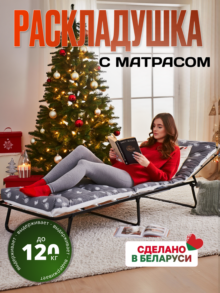 Кровать раскладная металическая усиленная с матрасом "Стефания" с88а/74 (серая с одуванчиками)