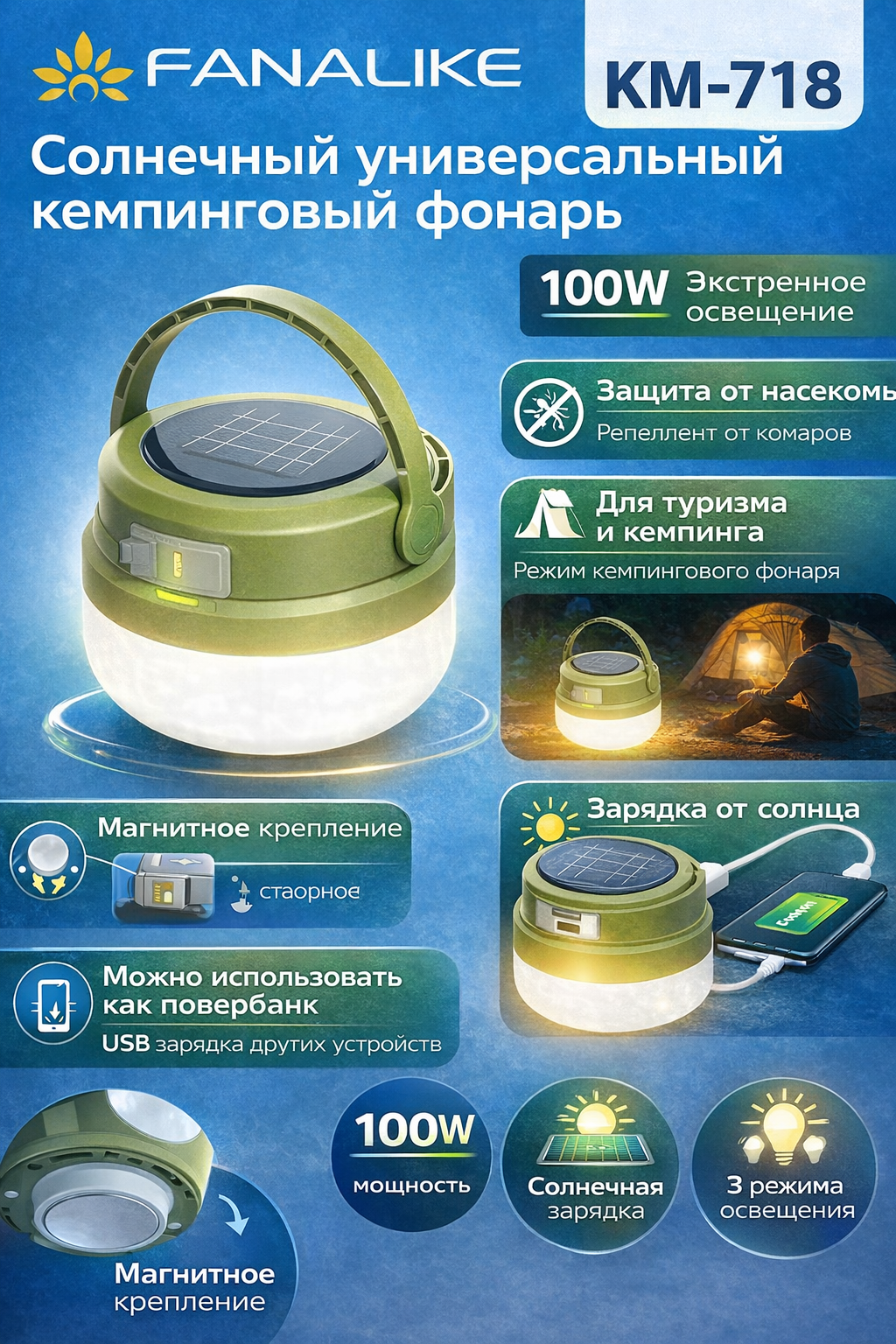 Светодиодный кемпинговый фонарь FANALIKE KM-718, солнечная зарядка, 100W, USB, от комаров