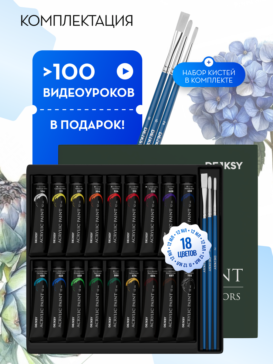 Акриловые краски для рисования DENKSY набор из 18 цветов по 12 мл — фото 1