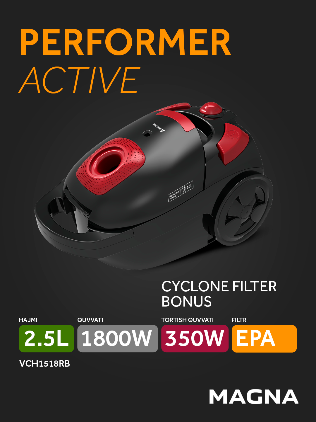 Пылесос Magna VCH1518RB, мощность 1800 Вт, 2.5 л, с EPA-фильтром и регулировкой мощности