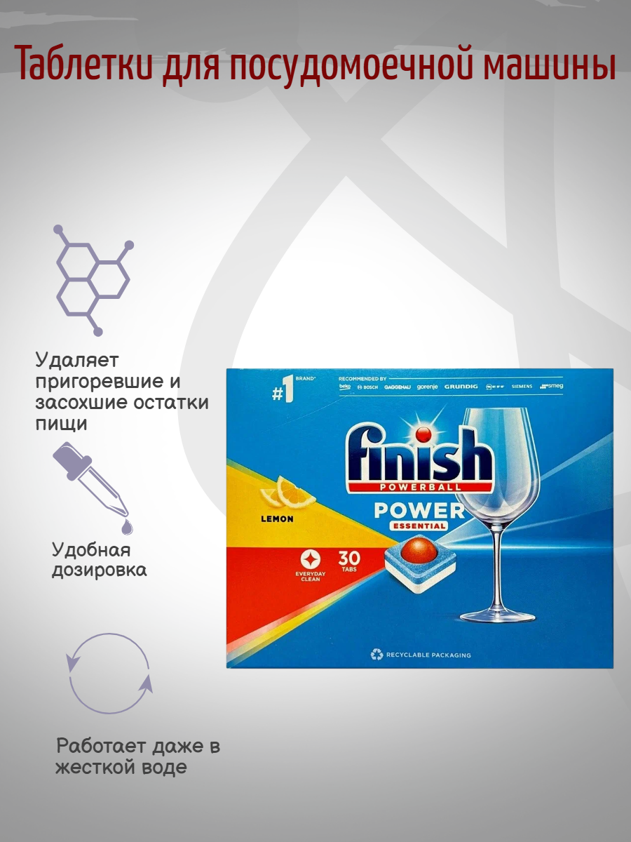 Таблетки 30 шт Finish Power Essential, для посудомоечной машины, Лимон