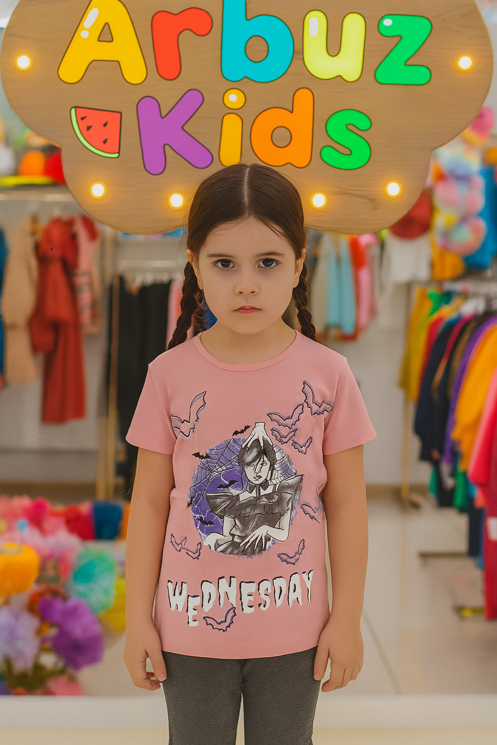 Футболка  Футболка "Wednesday", хлопок, для девочки, принт стойкий, не выгорает, размер 140, розовый, — фото 1