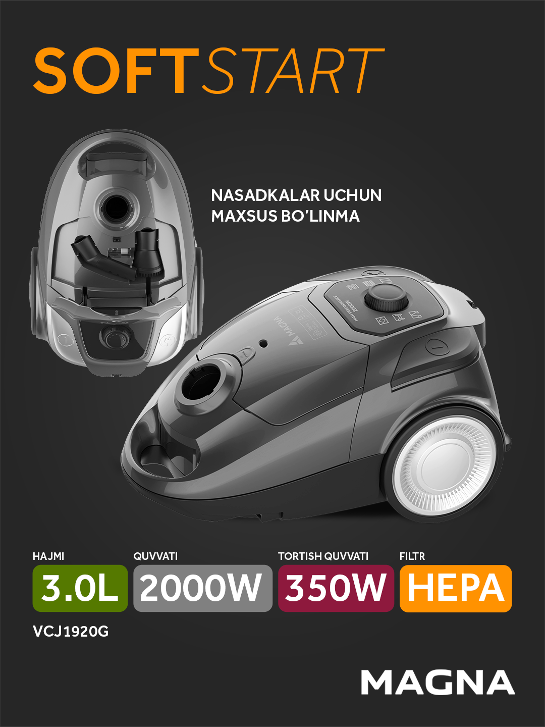 Пылесос Magna VCJ1920G, 2000 Вт, мешковой, НЕРА-фильтр, объем 3 л
