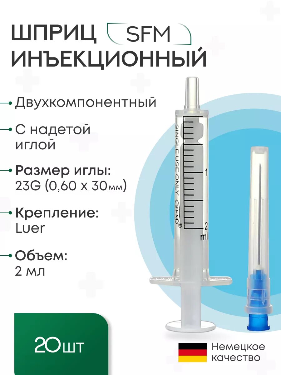 Набор медицинских двухкомпонентных шприцев 2 мл с иглой 060х3023Gx1 14 SFM Германия 20 шт