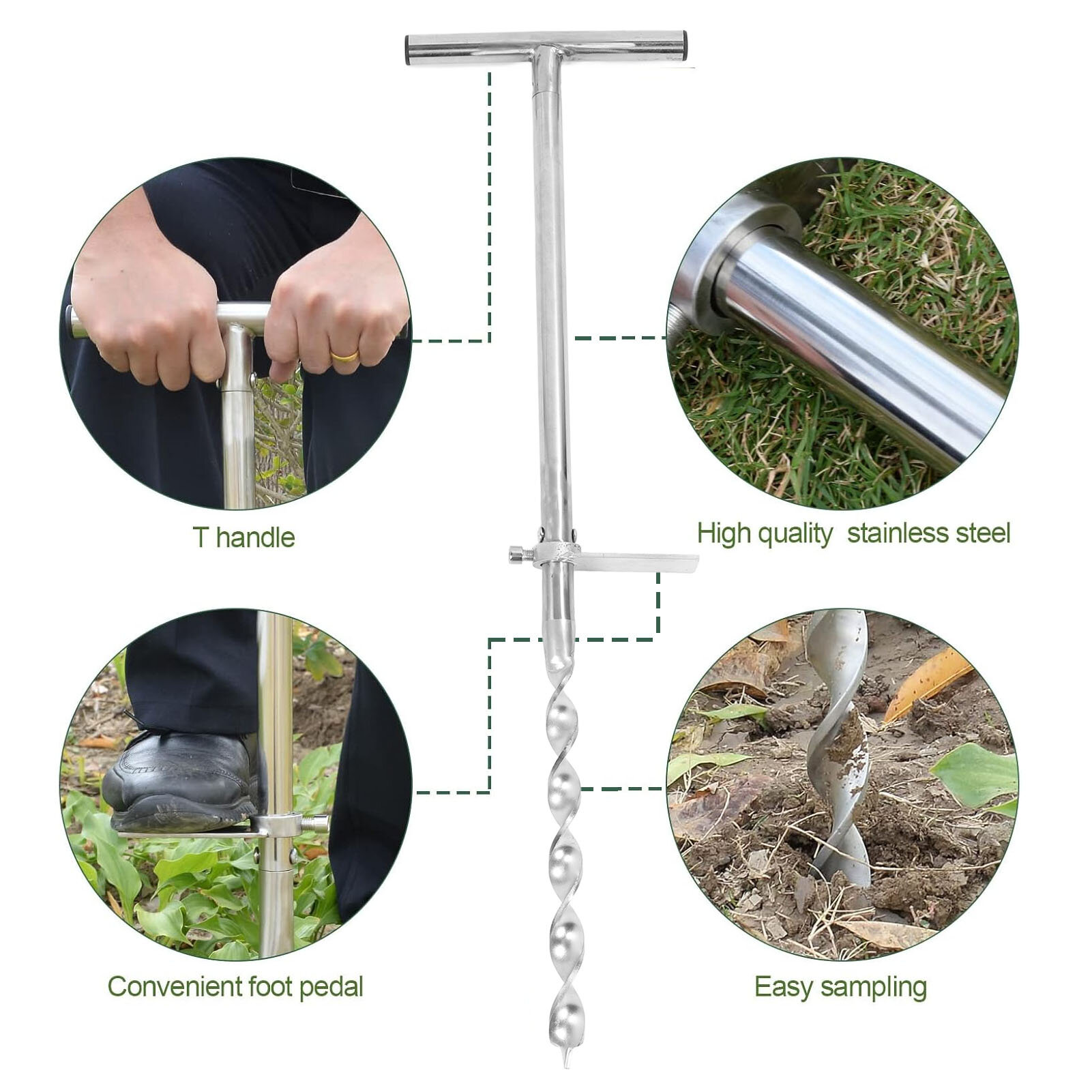 Комплект для отбора проб почвы, зонд из нержавеющей стали с Т-образной ручкой и 2 пакетами для образцов для невысушенных и невысохших почв