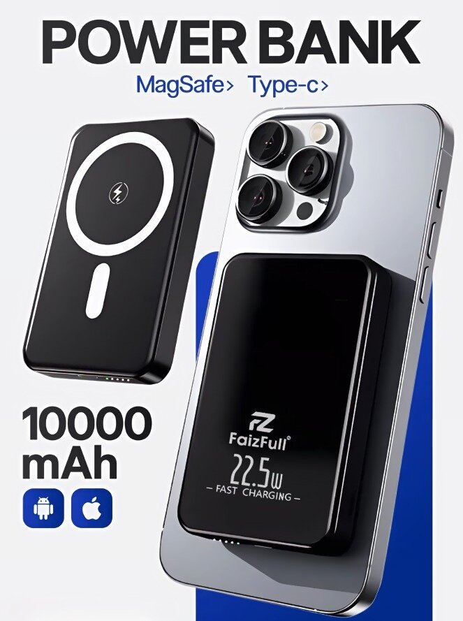 Магнитный Power Bank 10000 mAh для iPhone / Android / Быстрая зарядка 22.5W / Проводная и беспроводная зарядка