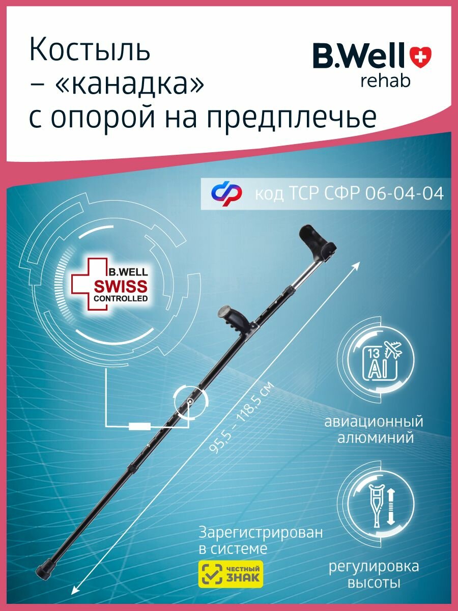 Костыли под локоть взрослые алюминиевые канадки с двойной регулировкой высота 95126 см 1 шт BWell WR321