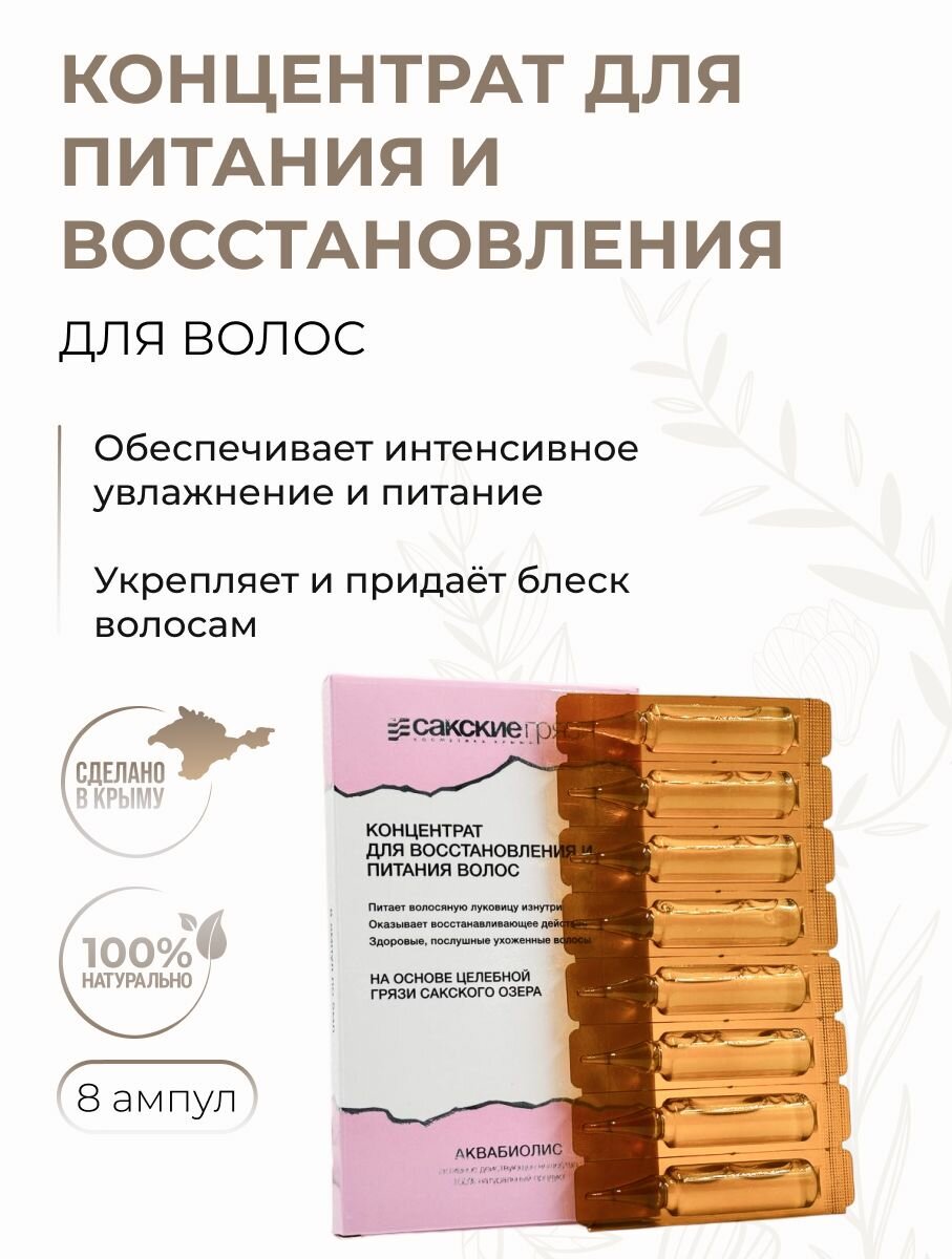 Концентрат для волос в ампулах Для питания и восстановленияна основе грязи Сакского озера Аквабиолис, 8 шт по 5 мл