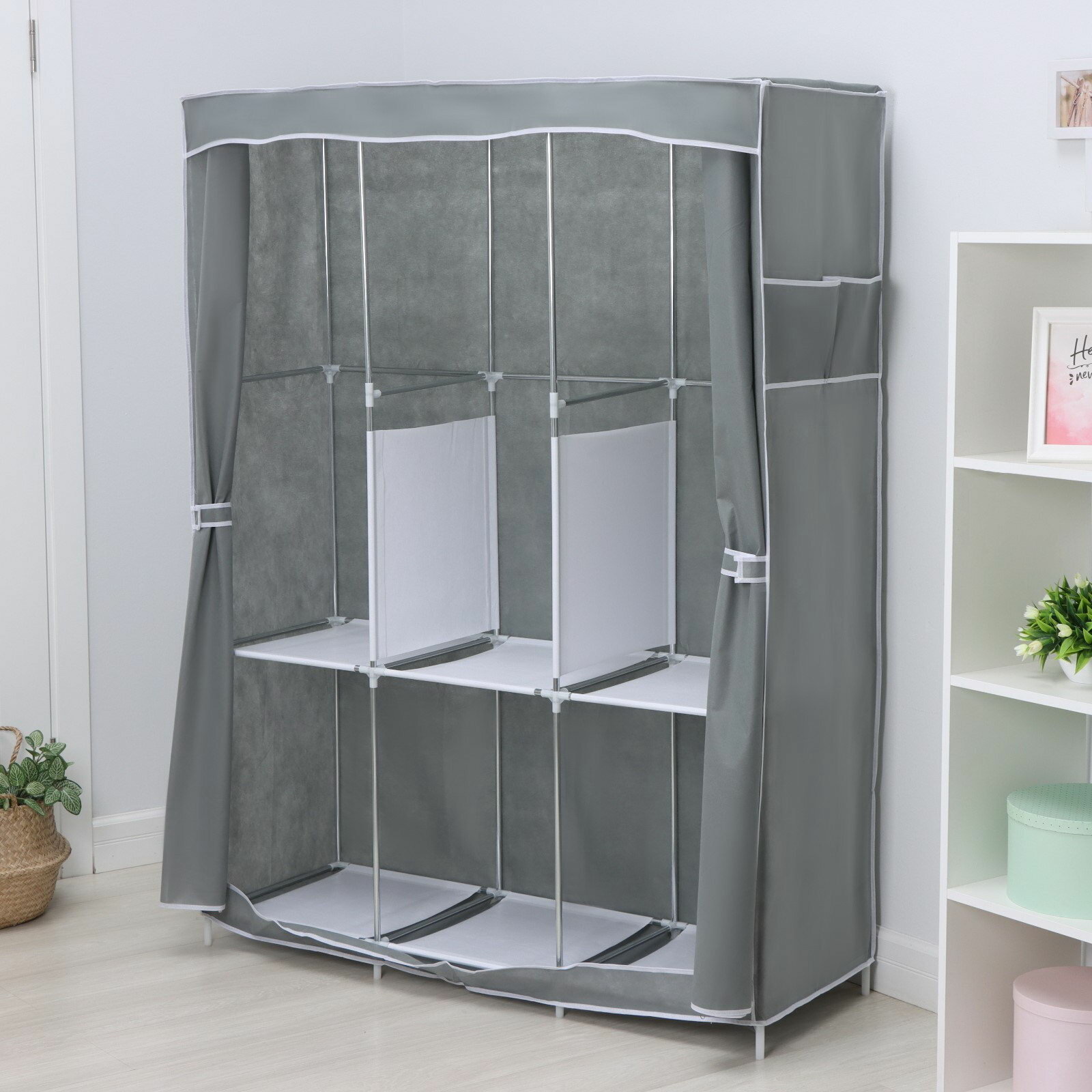 Шкаф тканевый каркасный складной 125x45x168 см серый материал корпуса: текстиль