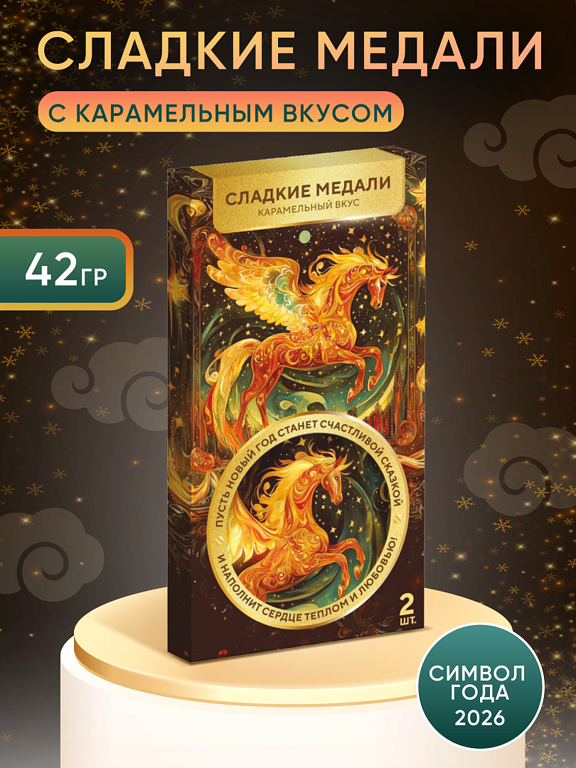 Сладкие медали новогодние символ года "Лошадь" 2 шт карамельный вкус