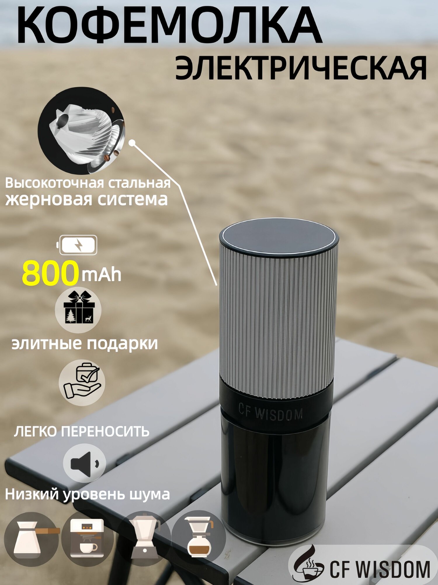 Кофемолка электрическая CF WISDOM мини портативная стальной сердечник регулировка помола USB-C зарядка серебристо-серая
