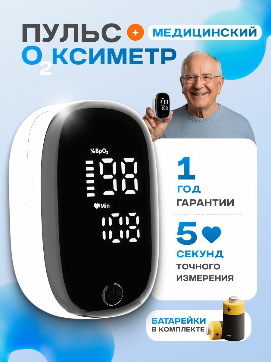 Пульсоксиметр LIKU для измерения сатурации и пульса на палец пластик батарейки AAA