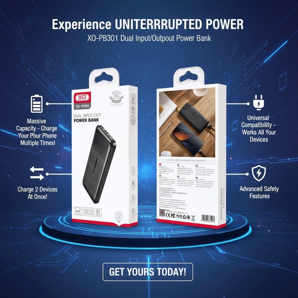 Внешний аккумулятор 10000mAh XO PB301, с двумя портами, Power Bank