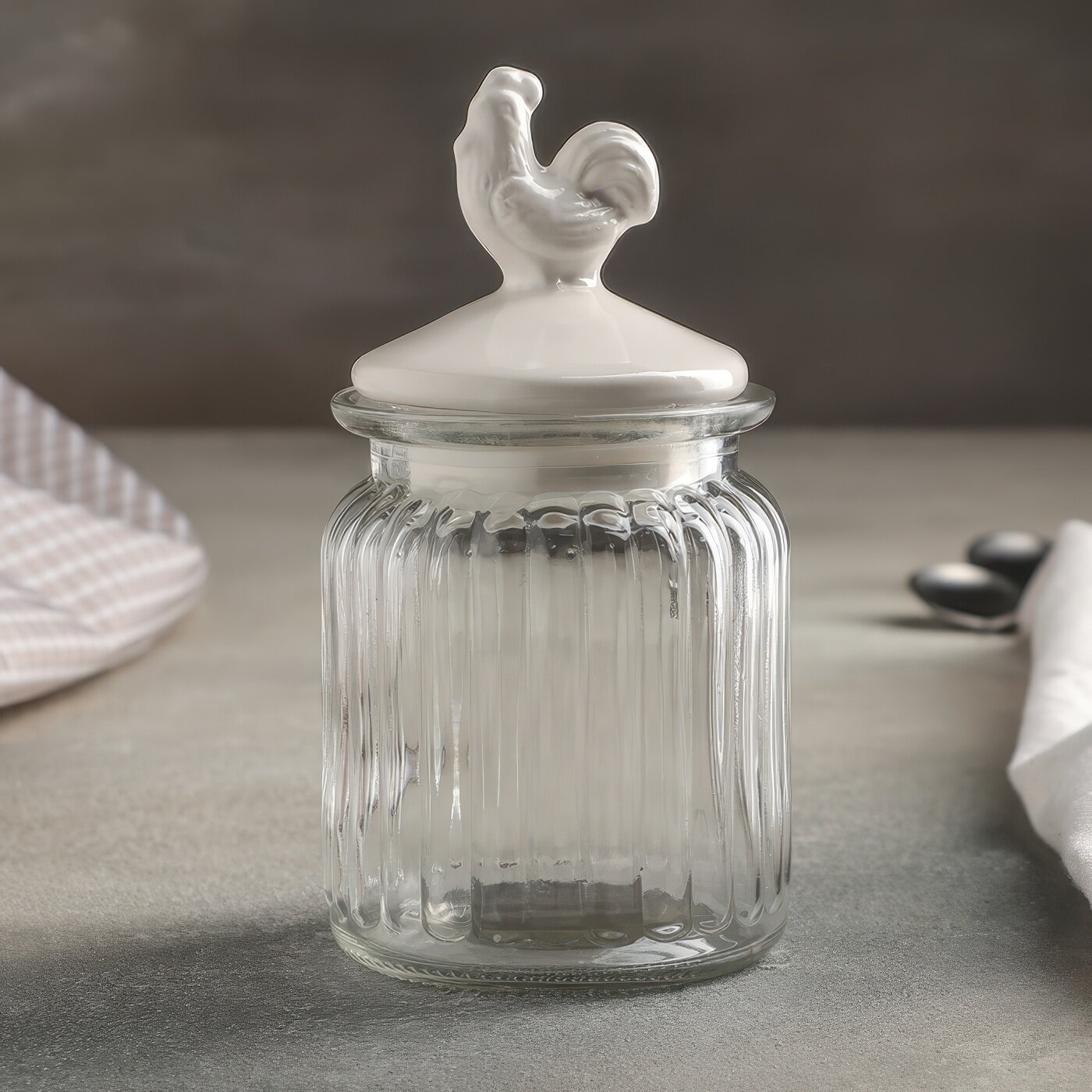 Банка стеклянная для сыпучих продуктов с керамической крышкой «Петух» 300 мл 75×145 см цвет крышки белый