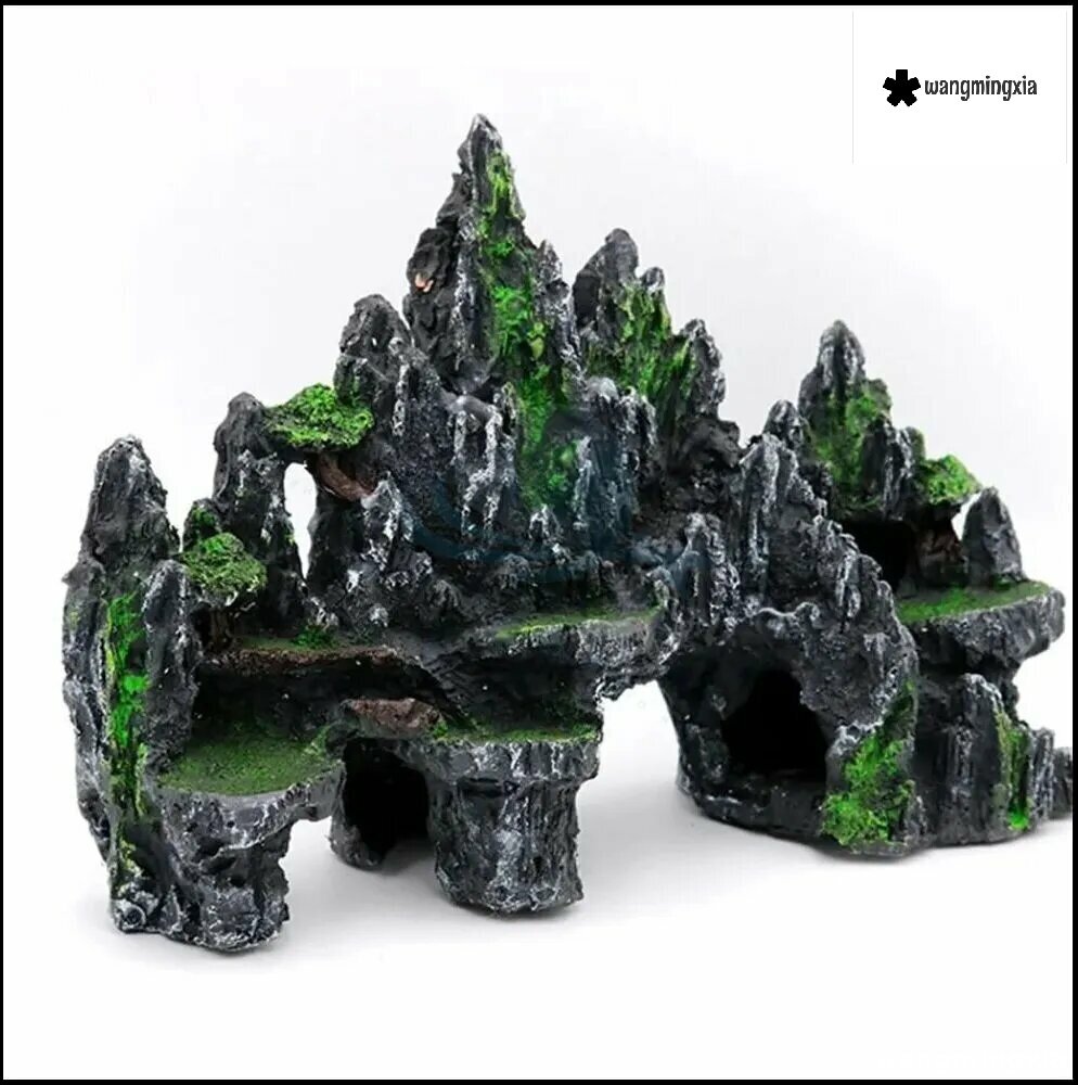 Эксклюзивная объемная декорация для аквариума с горным пейзажем включающая домик на дереве пещерный мост и искусственную флору габариты 35 x 12 x 23 см