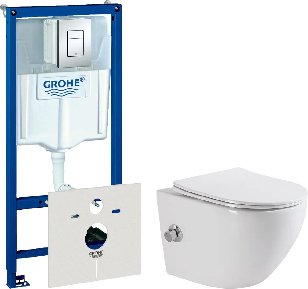 Комплект Унитаз подвесной BelBagno Uno BB3105CHR-BS/SC с микролифтом со смесителем и функцией биде / Система инсталляции для унитазов Grohe Rapid SL