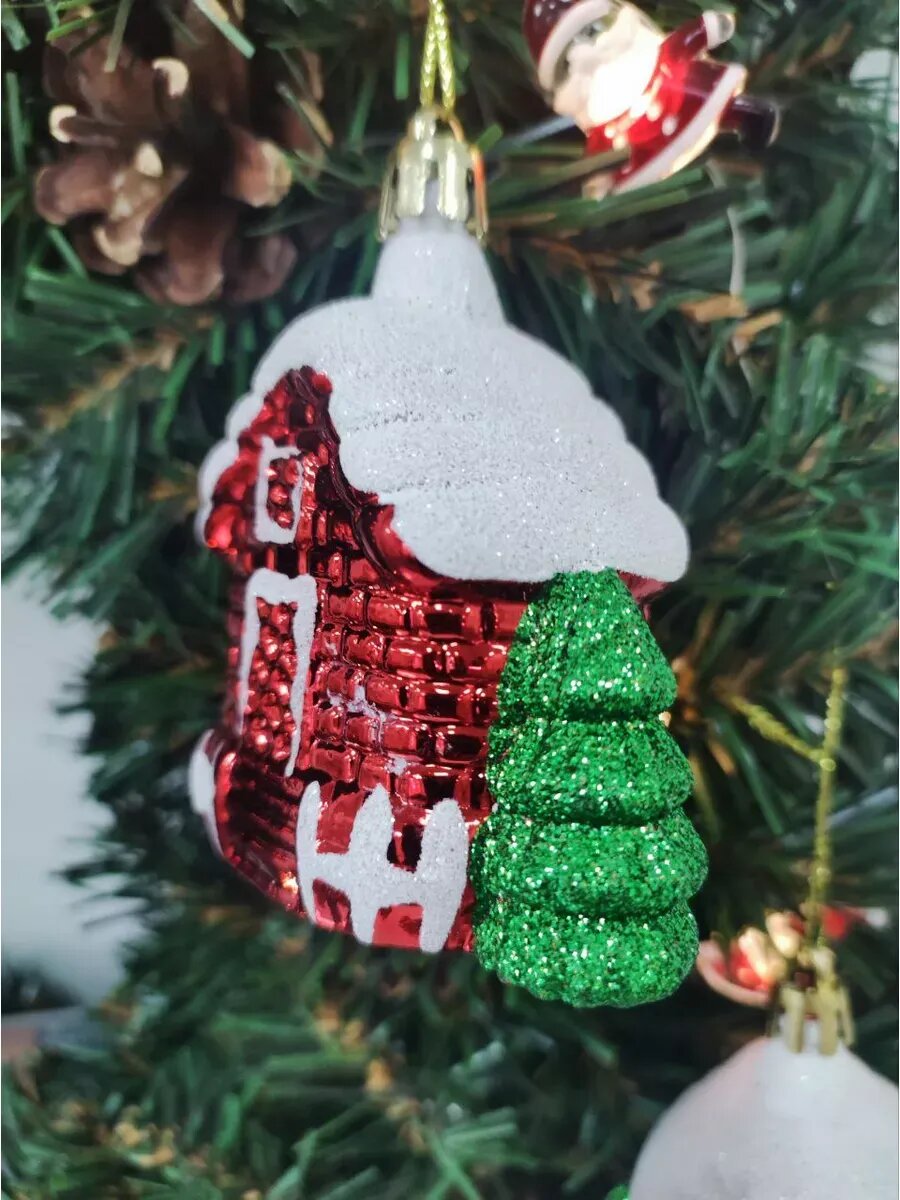 Елочные игрушки Сфера "Домик", пластик, красные, 7 см, в подарочной упаковке, 2 шт. — фото 1