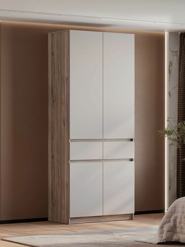 Изображение товара Распашной шкаф для одежды и хранения вещей Багира с полками, с ящиками, со штангой для одежды, 100.2х51х238.4 см, Дуб Смоки / Кашемир