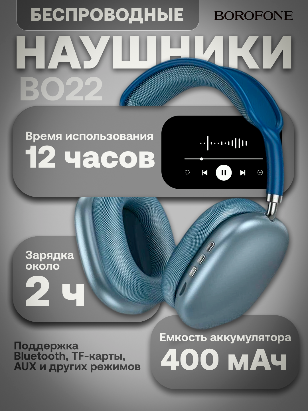 Беспроводные наушники Borofone BO22, полноразмерные, с микрофоном,400 мАч, 12 часов работы