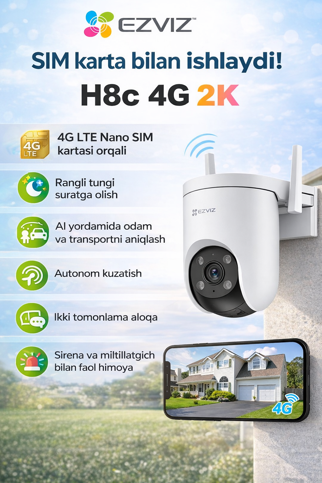 Ezviz H8C 2K 4G камера, двусторонняя связь, ночное цветное изображение, aвтомат. отслеживание