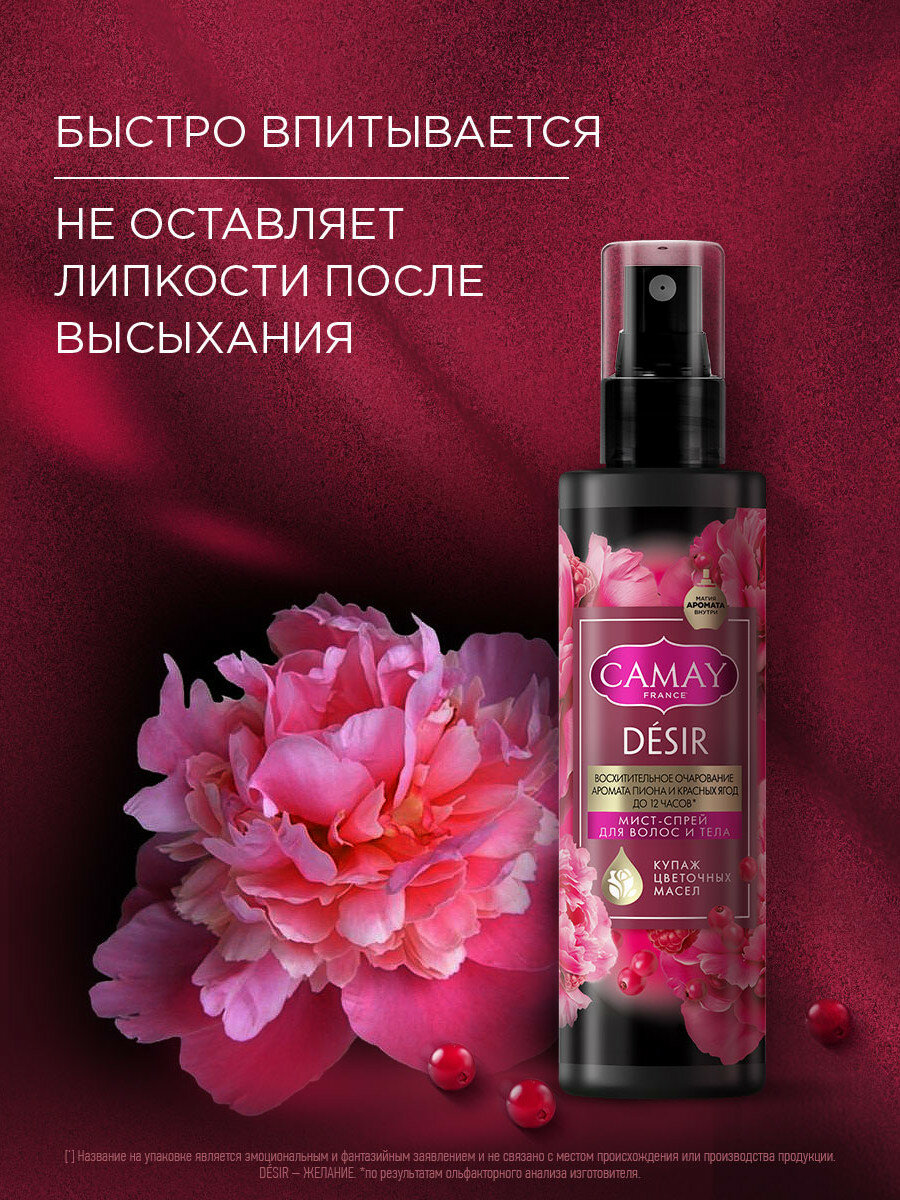 Спрей мист для тела и волос парфюмированный женский Camay Desir Пион и красные ягоды, 190 мл — фото 1