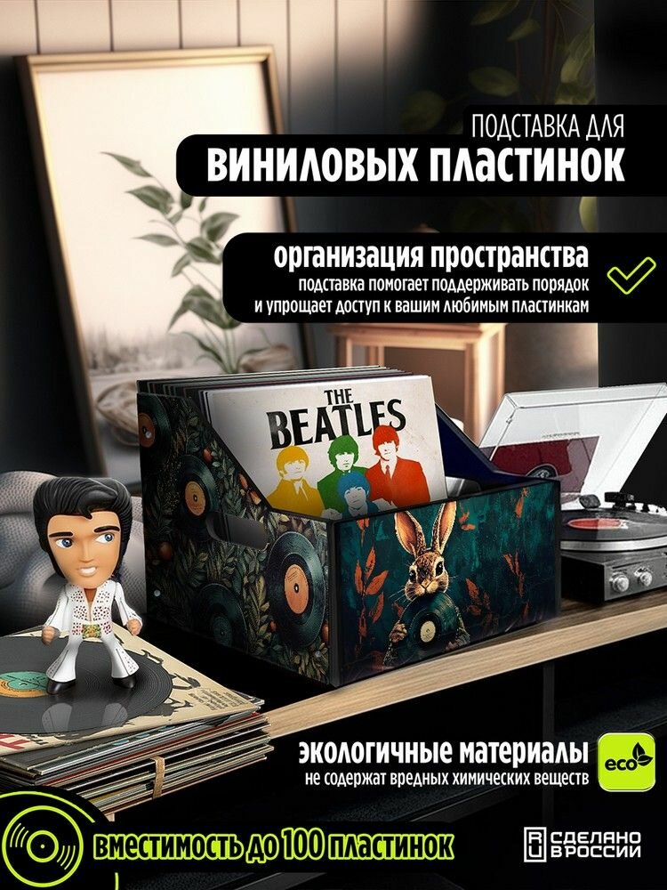 Подставка (ящик, органайзер) для хранения виниловых пластинок с принтом "Разное Животные (Природа, заяц, фэнтези, виниловая пластинка) - 6250445"