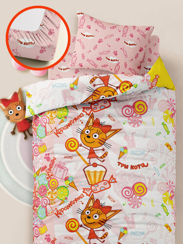 Изображение товара Детское постельное белье Василек юниор на резинке 160х80 см, Бязь, Три кота, Карамелька