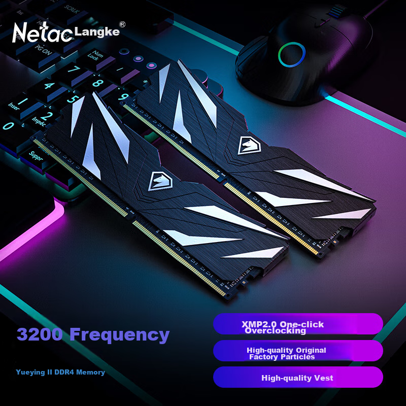 Netac 32GB (16G×2) Kit DDR4 3200 Desktop Memory Module Yueying II Series Gaming Viper - Premium Chips (C16) Black