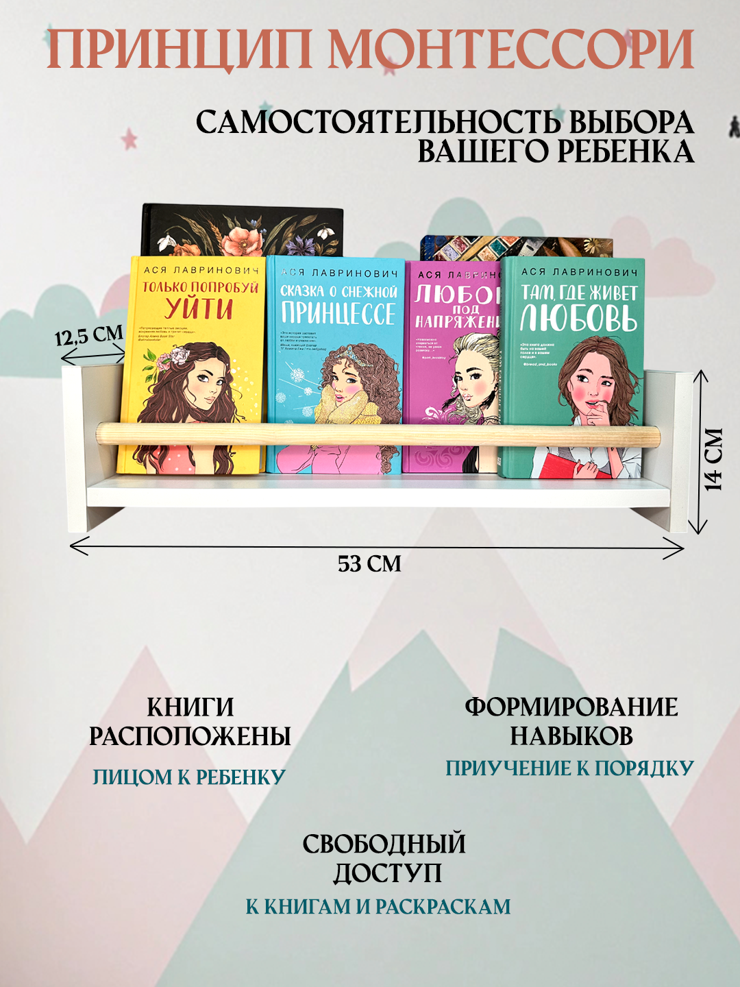 Полка настенная с бортиком, для книг игрушек и раскрасок — фото 1