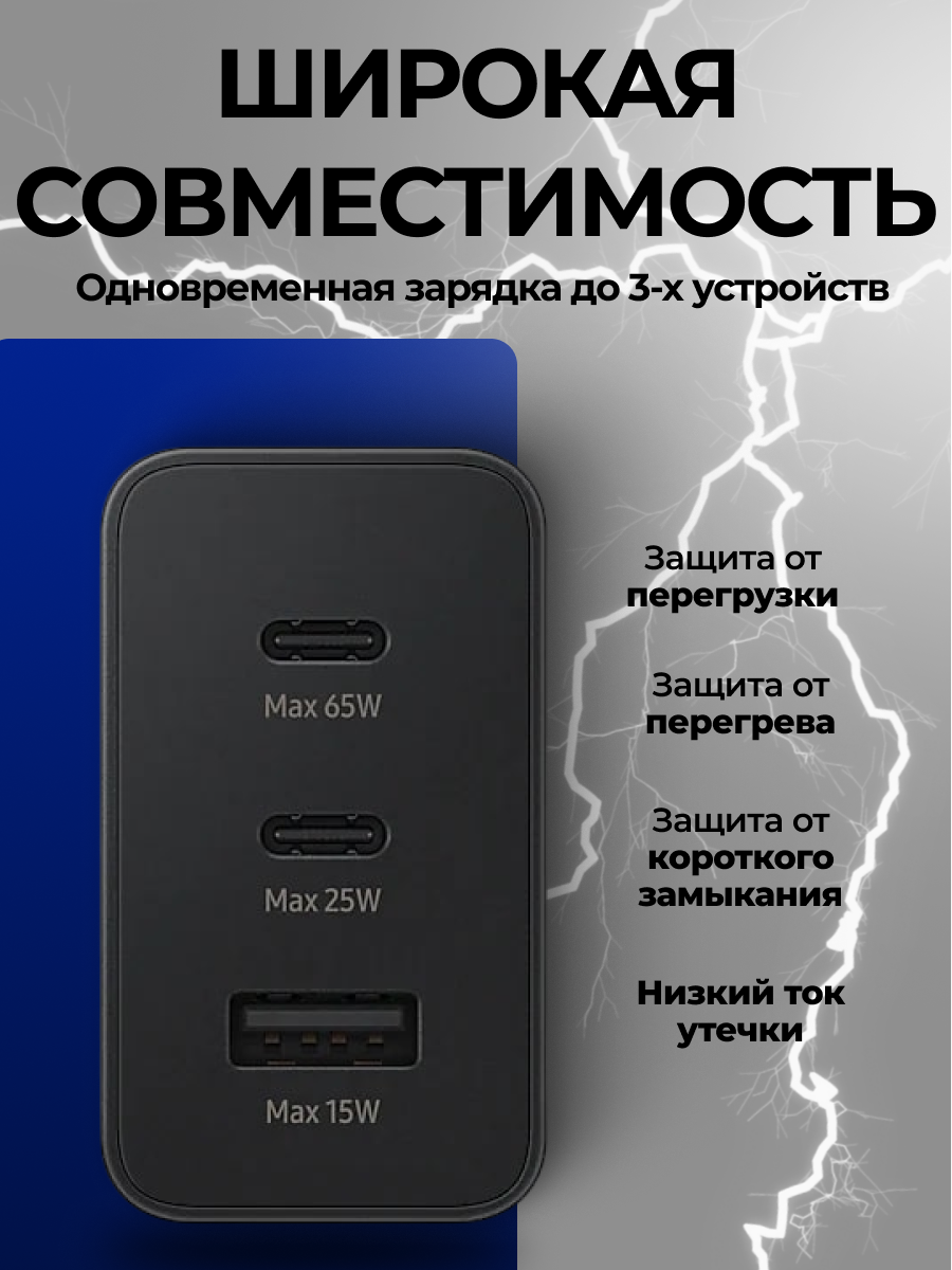 Зарядное устройство сетевое Самсунг EP-T6530 65W 2xType C + Usb, черное . — фото 1