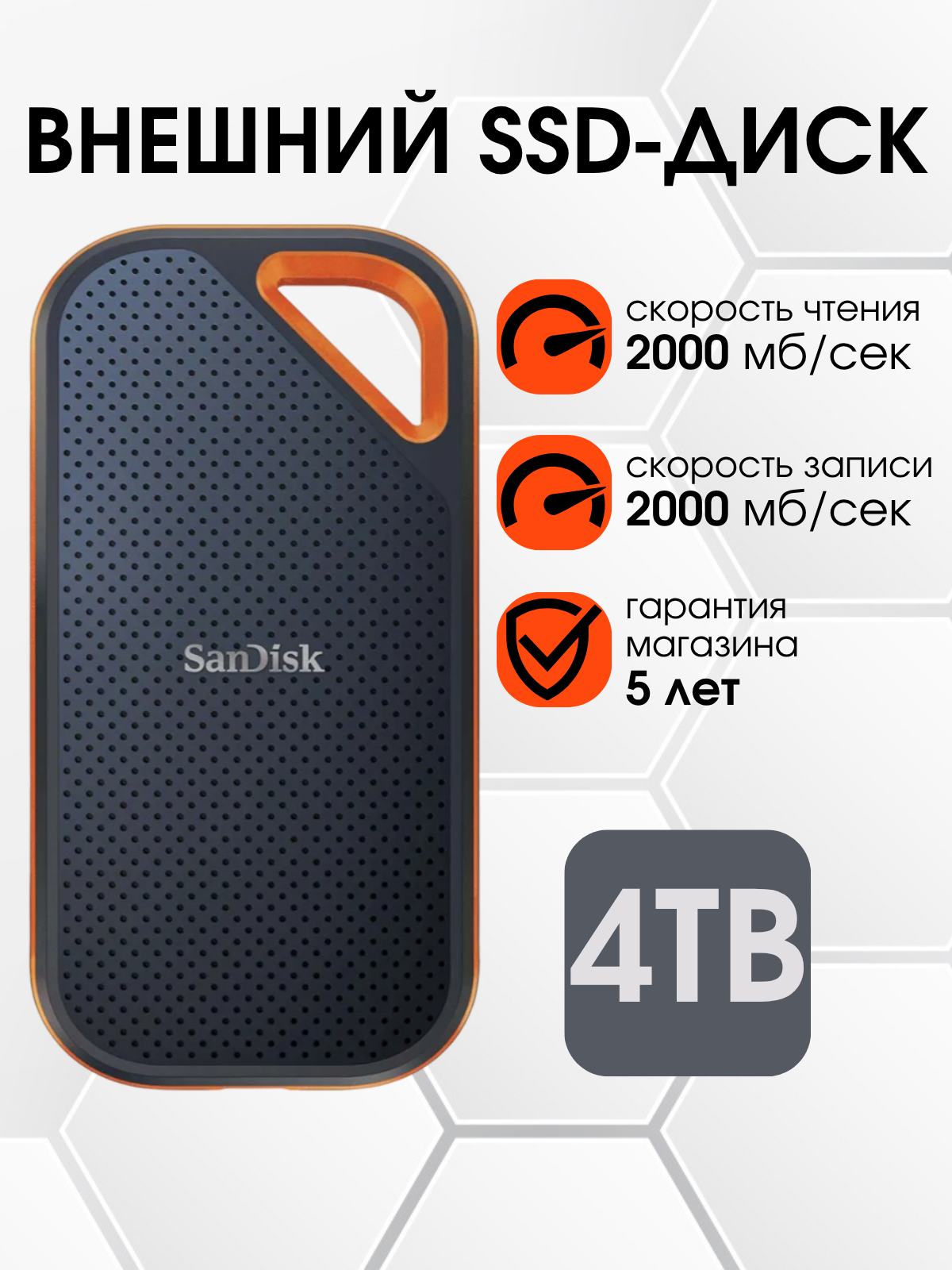 4 ТБ Внешний SSD SanDisk Extreme Pro Portable V2, 2000 Мб/сек, USB 3.2 Gen 2 Type-C (SDSSDE81-4T00-G25), черный