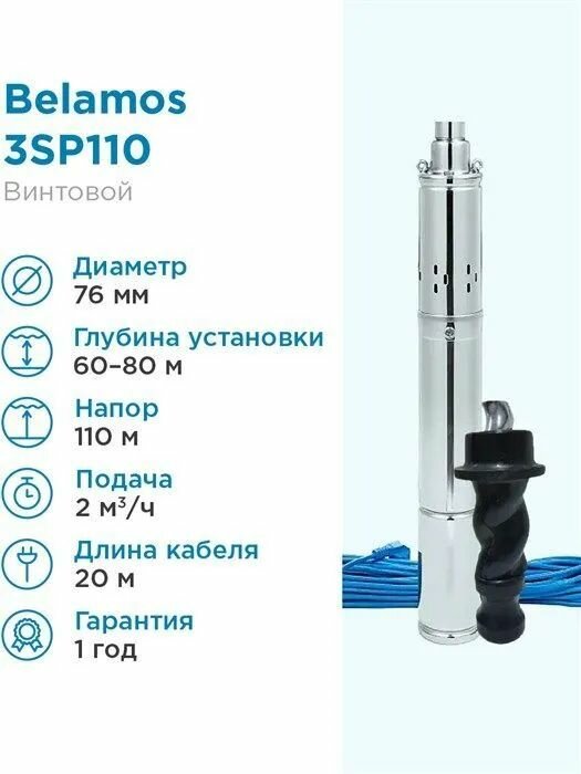 Скважинный насос Беламос винтовой 3СП110/20 каб.20м диам.75мм