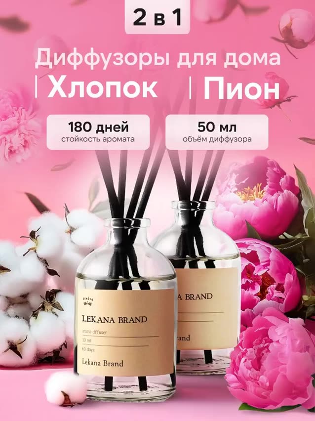 Диффузор для дома с палочками/ Пион+Свежий хлопок набор 2 шт по 50 мл Lekana Brand — фото 1