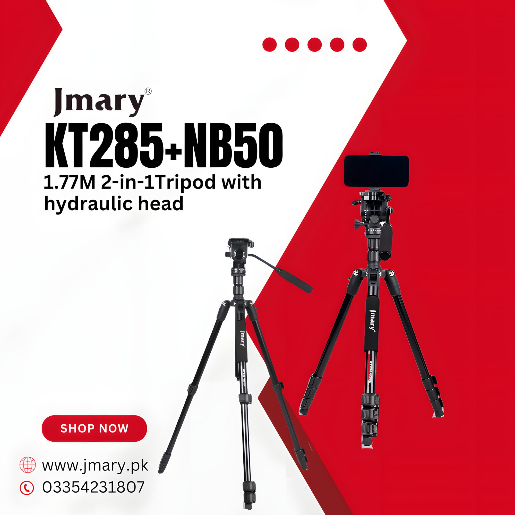 Штатив JMARY KT285‑NB50 – С гидравлической головой, 177 см высота, Черный цвет