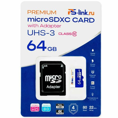 Карта памяти PS-link microSDXC 64GB Class 10, UHS-3, с адаптером