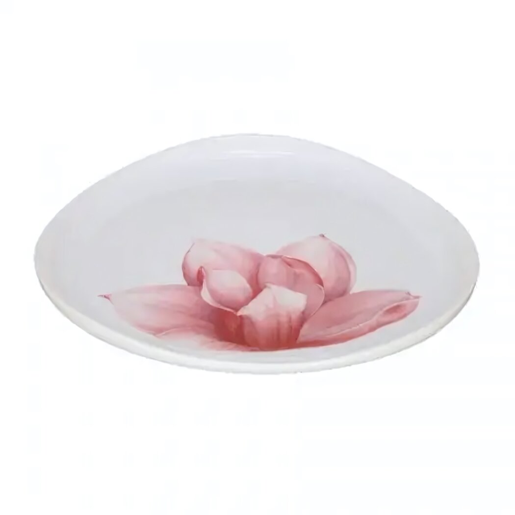 Тарелка обеденная фарфоровая 205 см с декором магнолии белая основа розовый рисунок