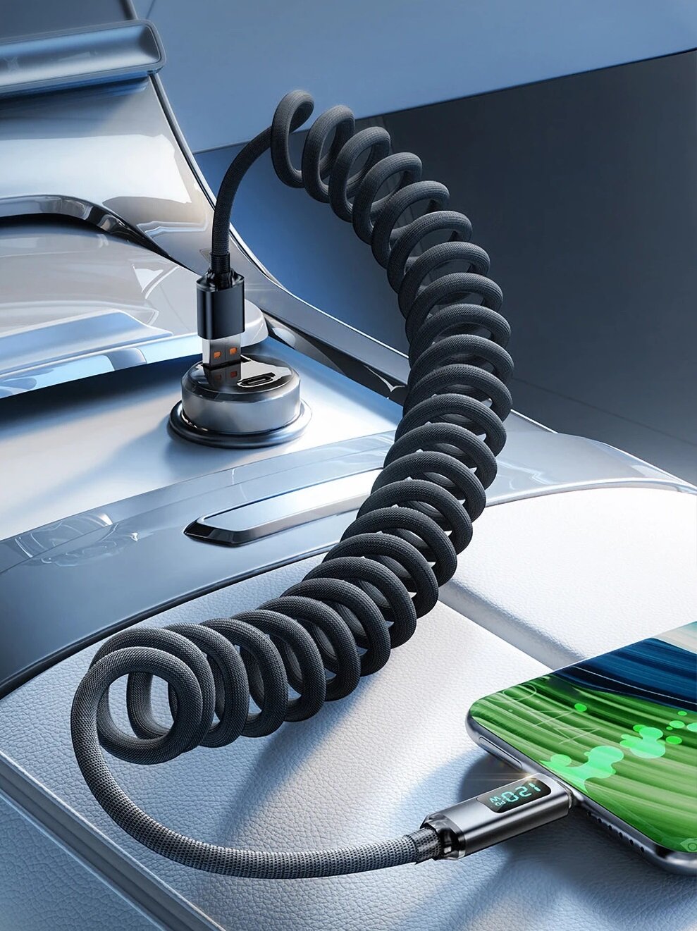 Кабель витой с дисплеем USB-A - USB-C 1.7 м нейлон Android Auto 6А 66 Вт — фото 1