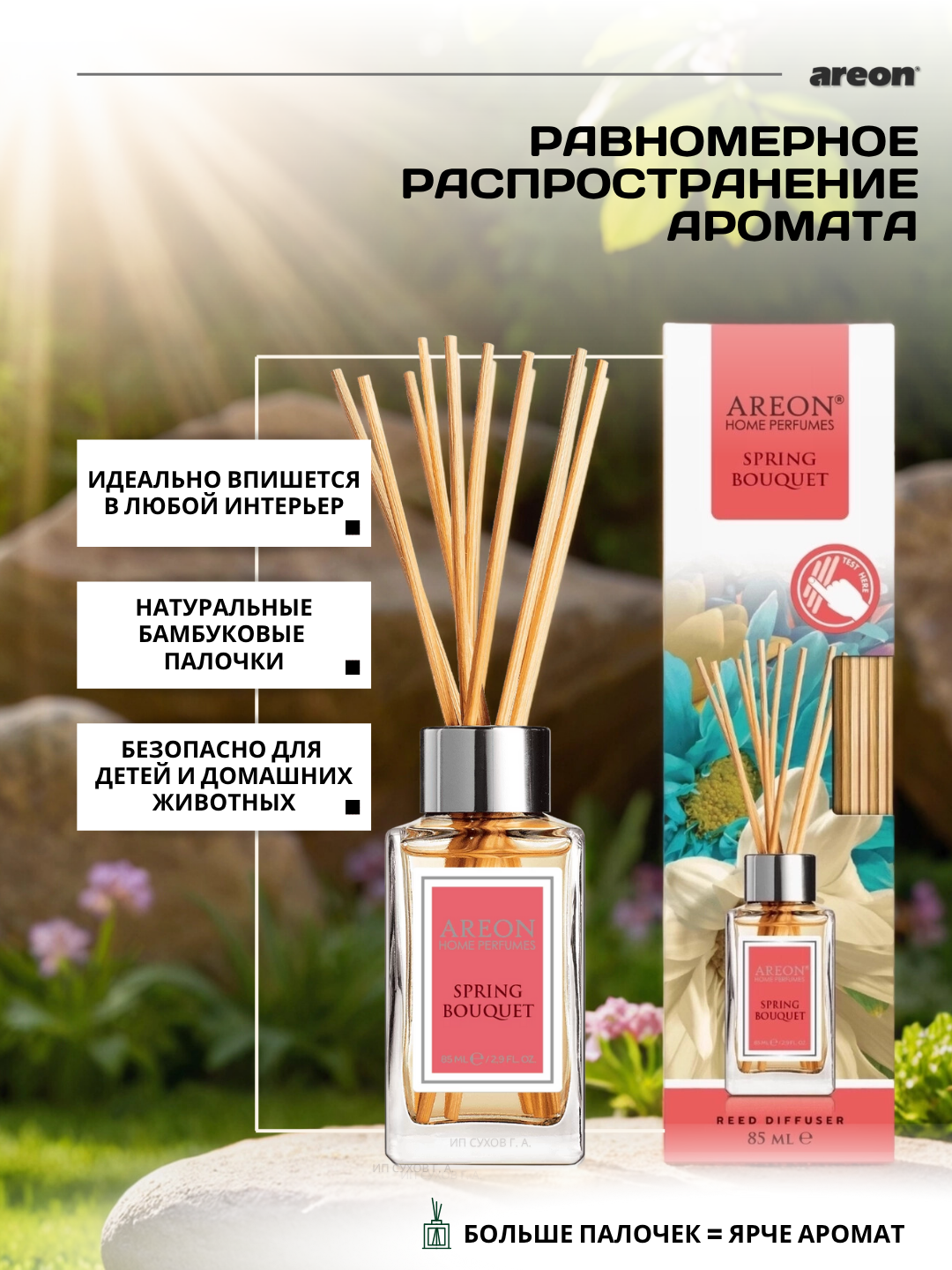 Ароматический диффузор Areon Classic, аромат Spring Bouquet, для дома/офиса/квартиры, с палочками, 85 мл — фото 1