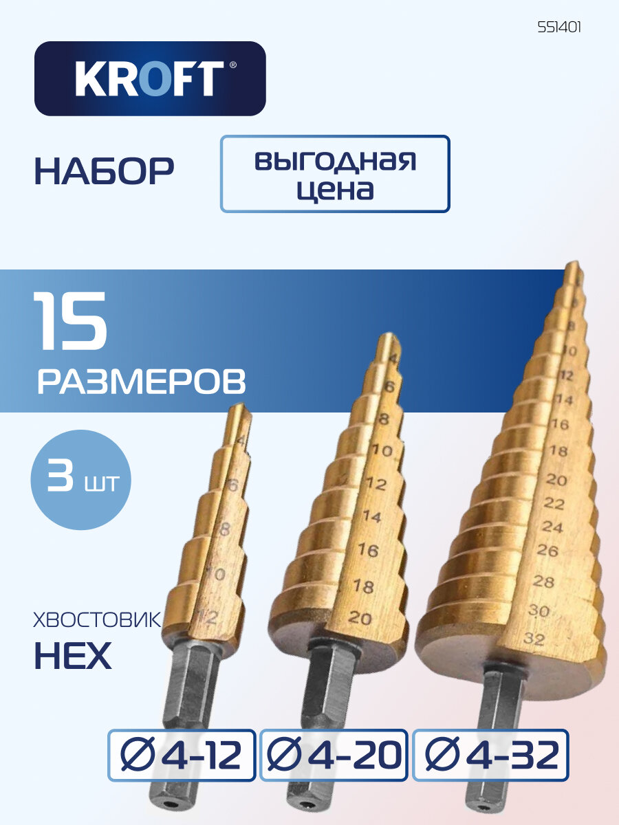 Сверло ступенчатое по металлу 3 шт 4-12 4-20 4-32 в чехле KROFT