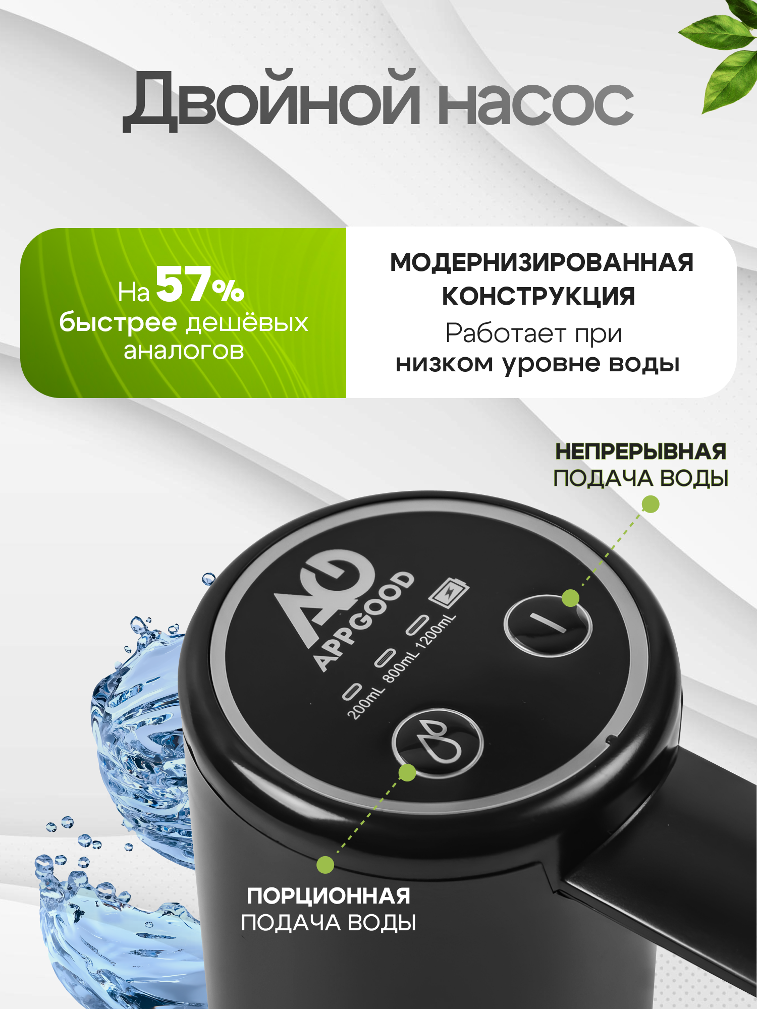 Помпа для воды электрическая на бутылку 19 литров, черная, APPGOOD — фото 1