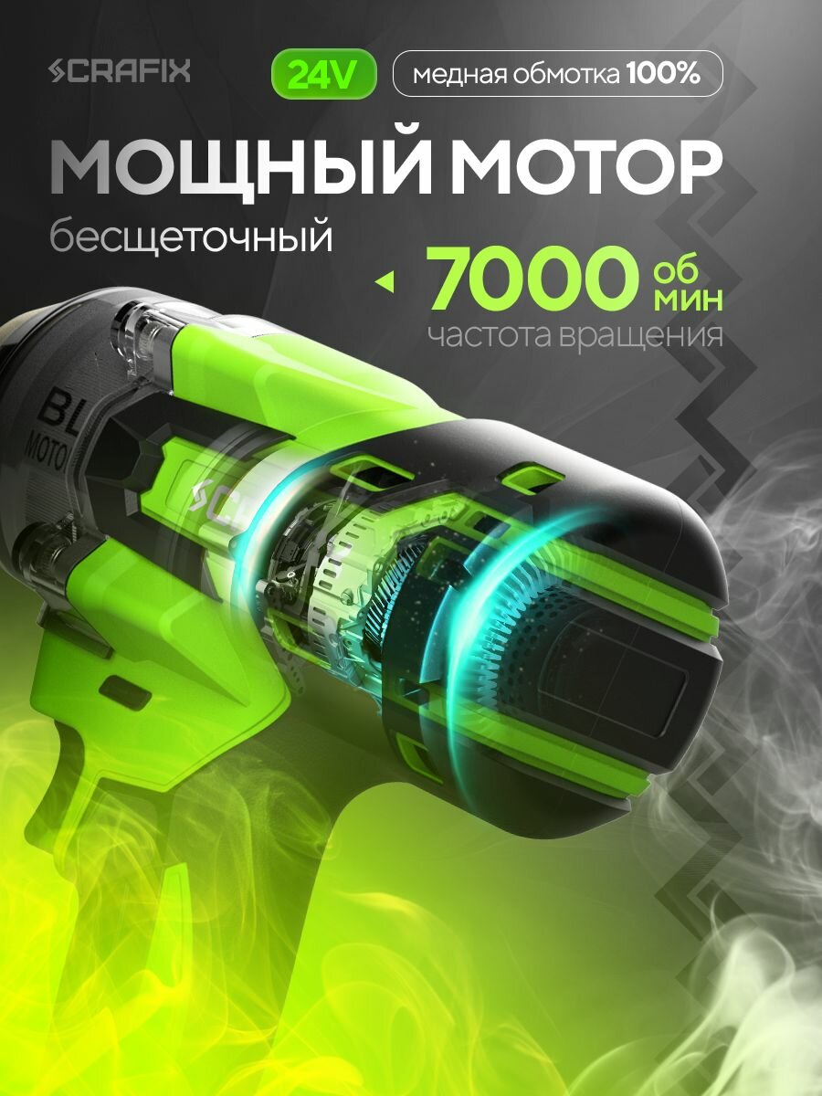 Гайковерт аккумуляторный ударный CRAFIX бесщеточный усиленный 1800 НМ, 7000 об/мин, 2 мощных аккумулятора 24В, 6000 Ам/ч — фото 1